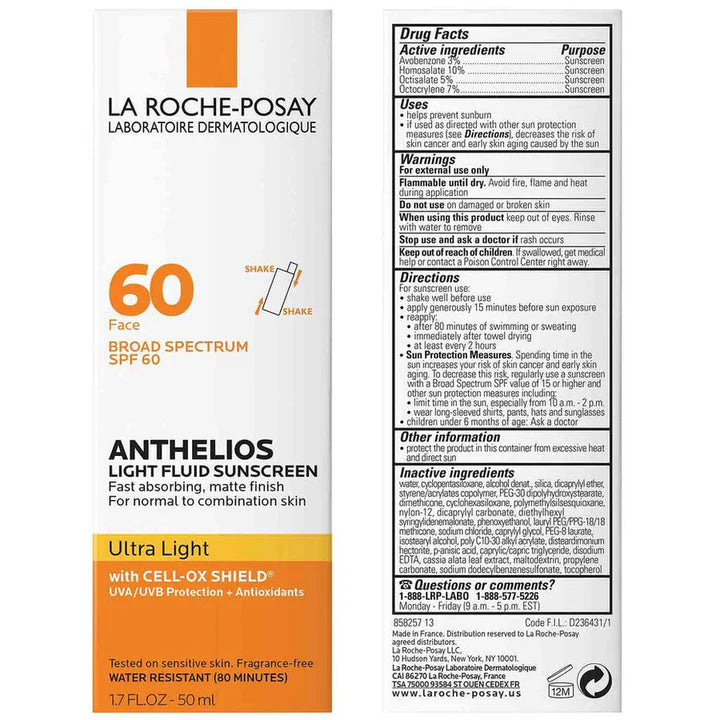LA ROCHE POSAY ANTHELIOS ULTRA LIGHT FLUID SUNSCREEN SPF 60 - 50ml Expiry 05 - 2026
